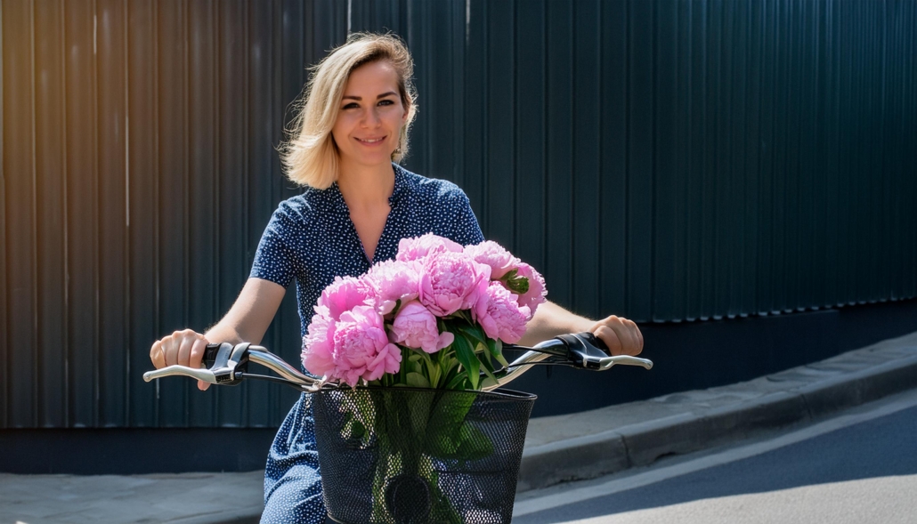 Lächelnde Frau auf einem Fahrrad mit einem Korb voller blühender rosa Pfingstrosen vor einer dunklen, wellenförmigen Wand an einem sonnigen Tag.